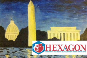 Painting of Washington DC skyline, including Capitol building, Washington Monument, and Lincoln Memorial. The Hexagon logo is overlaid in the bottom right.