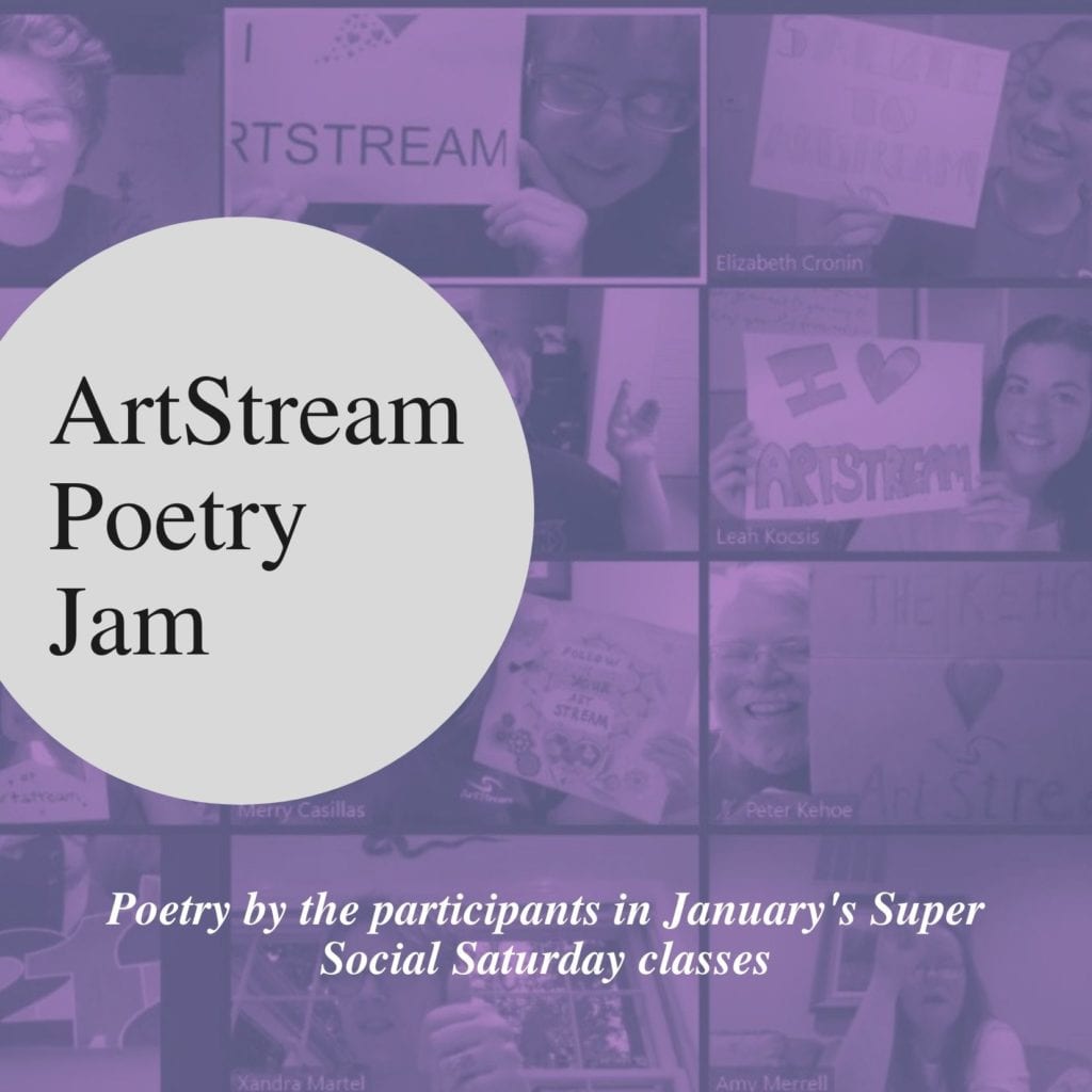 People on zoom holding up "I love ArtStream" signs with the text "ArtSteam Poetry Jam" overlaid
