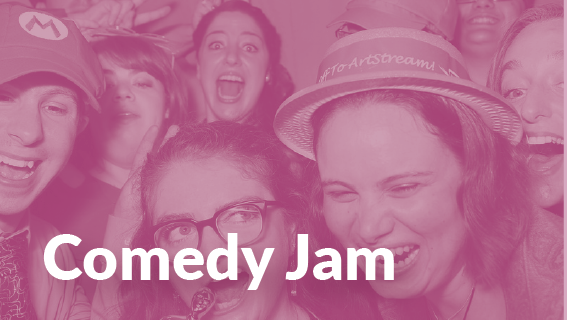 Group of actors laughing with text "Comedy Jam" over top