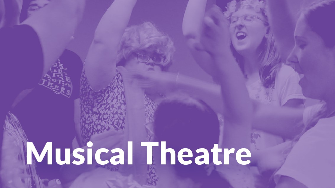 Group of excited actors in a huddle with text "Musical Theatre" over top