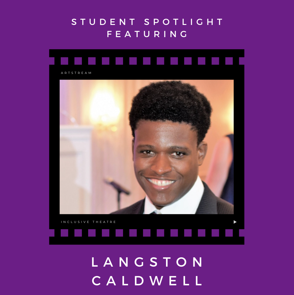 Student spotlight text with a headshot of Langston Caldwell