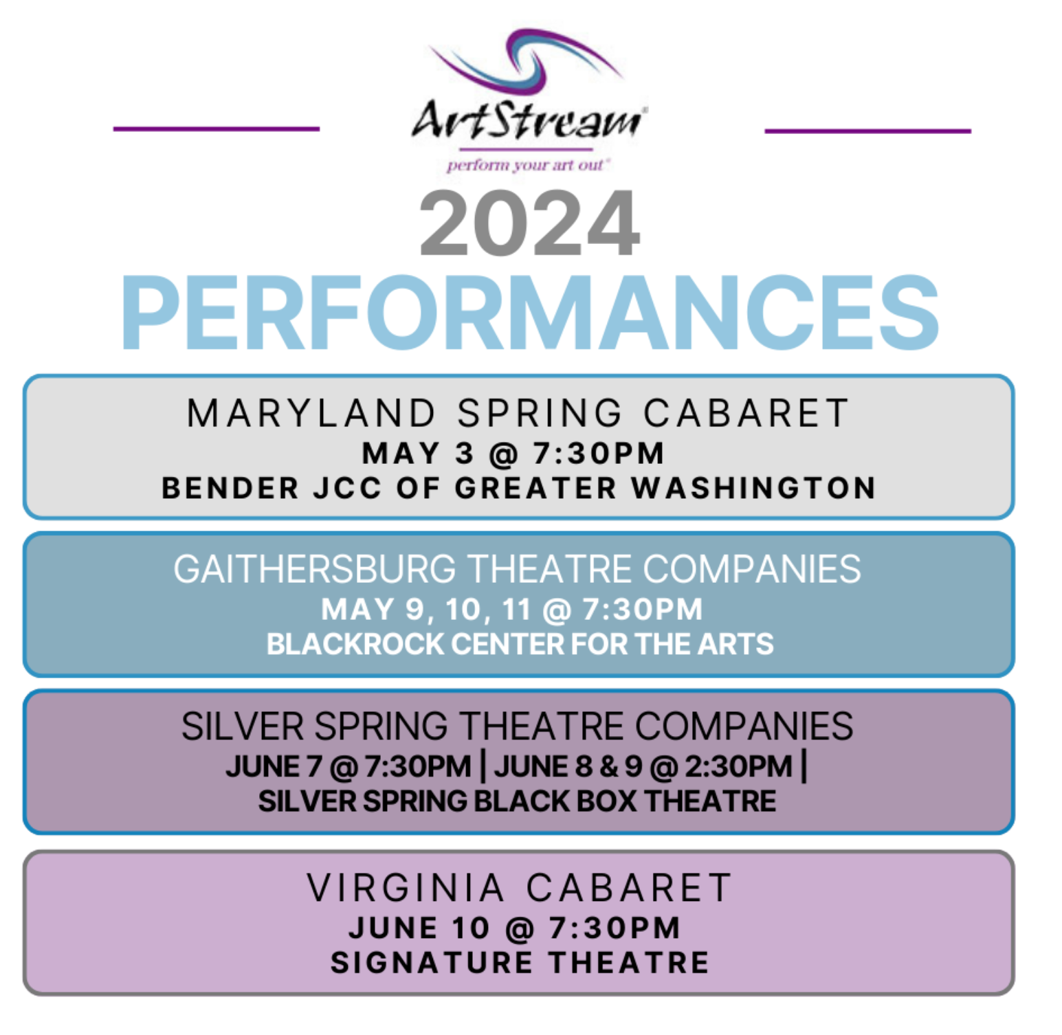 A graphic with the ArtStream logo reads 2020 Performances: MD Spring Cabaret, May 3 2024 @ 7:30pm Bender JCC of Greater Washington. Gaithersburg Theatre Companies May 9-11 2024 @ 7:30, BlackRock Center for the Arts. Silver Spring Theatre Companies June 7 @ 7:30pm, June 8 & 9 @ 2:30pm. Virginia Cabaret June 10 @ 7:30pm Signature Theatre. https://www.onthestage.tickets/artstream