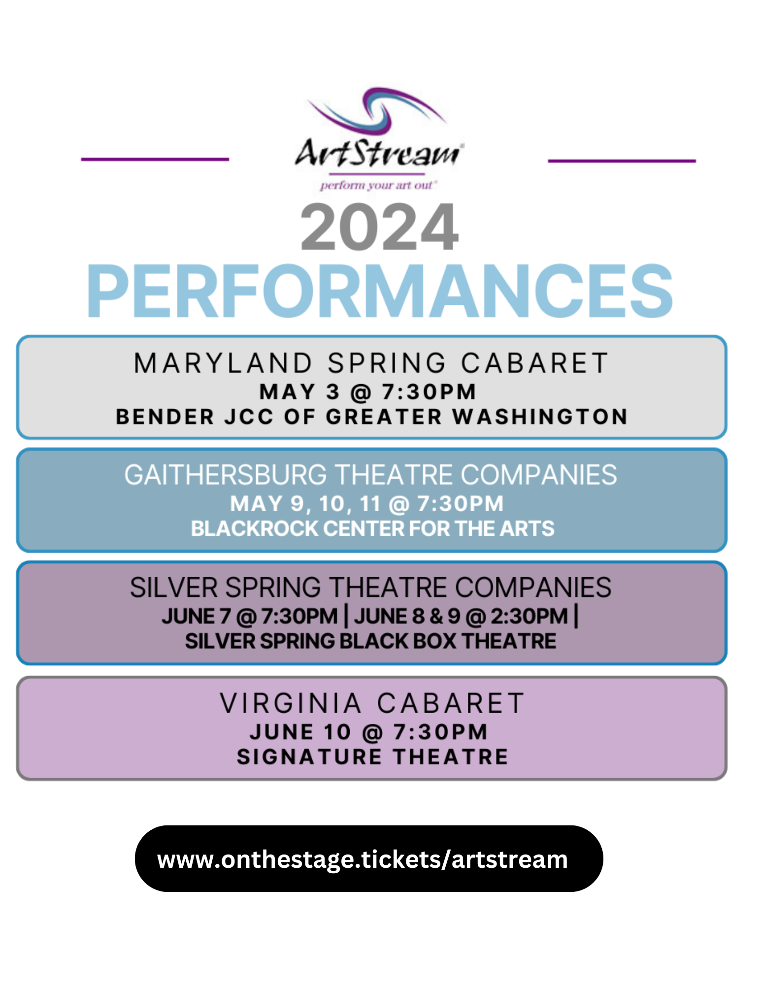 A graphic with the ArtStream logo reads 2020 Performances: MD Spring Cabaret, May 3 2024 @ 7:30pm Bender JCC of Greater Washington. Gaithersburg Theatre Companies May 9-11 2024 @ 7:30, BlackRock Center for the Arts. Silver Spring Theatre Companies June 7 @ 7:30pm, June 8 & 9 @ 2:30pm. Virginia Cabaret June 10 @ 7:30pm Signature Theatre. https://www.onthestage.tickets/artstream